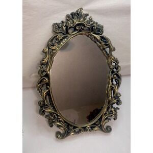 Vintage Ornate Syroco Mirror Tabletop Oval Ornate Gold Mirror Hollywood Regency